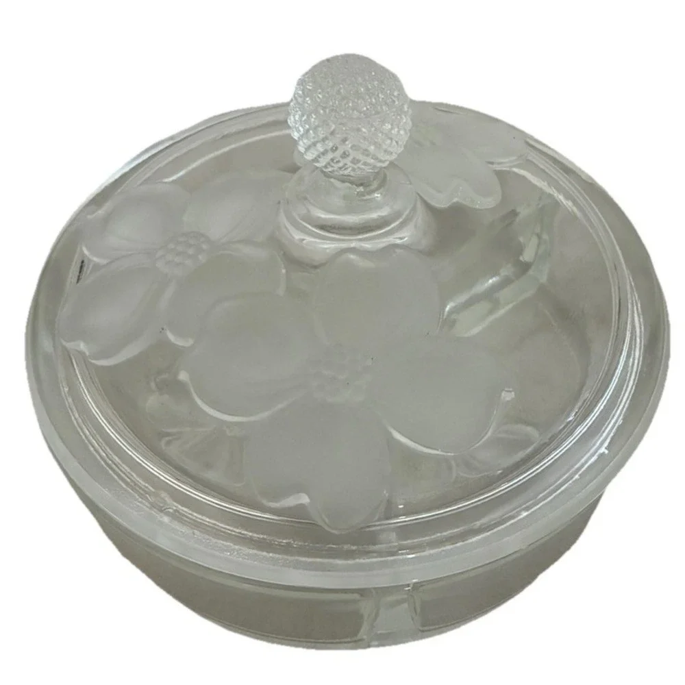 Vintage Clear Glass Divided Candy Dresser Dish Box with Lid‎ Frosted Dogwood